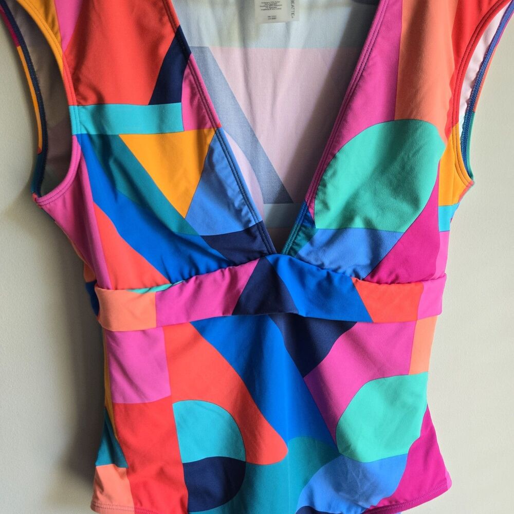 Bleu Rod Beattie Swimsuit Size 10 Onepiece Deep V Neck Colorful Abstract - Picture 3 of 6